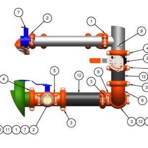 Side view of 3D rendering of the 900-SP300 Suction Plumbing Kit with parts breakdown