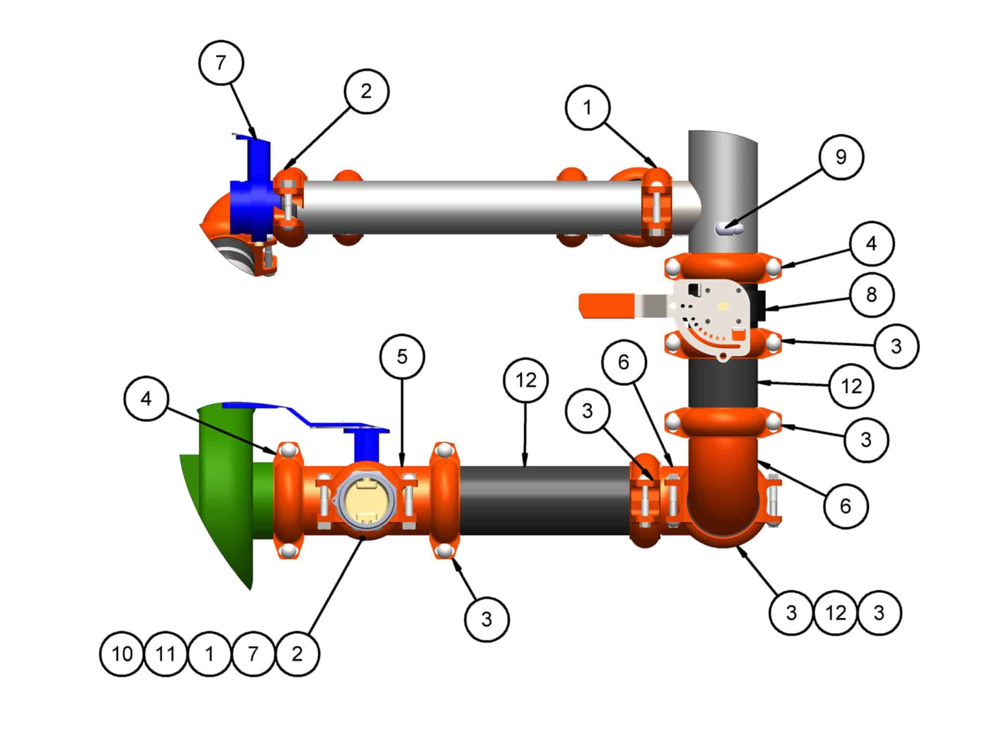 Side view of 3D rendering of the 900-SP300 Suction Plumbing Kit with parts breakdown