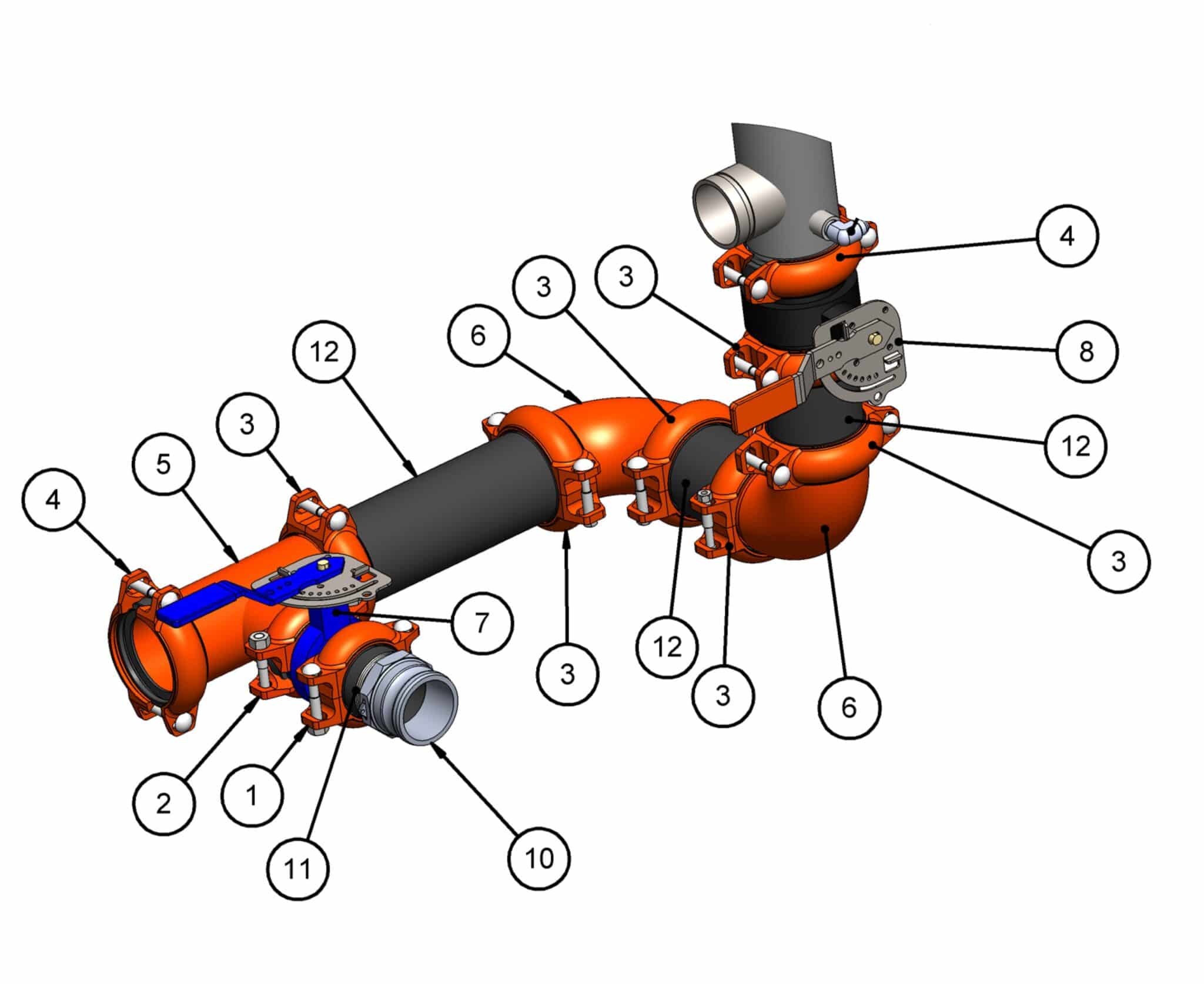 Top view of 3D rendering of the 900-SP300 Suction Plumbing Kit with parts breakdown